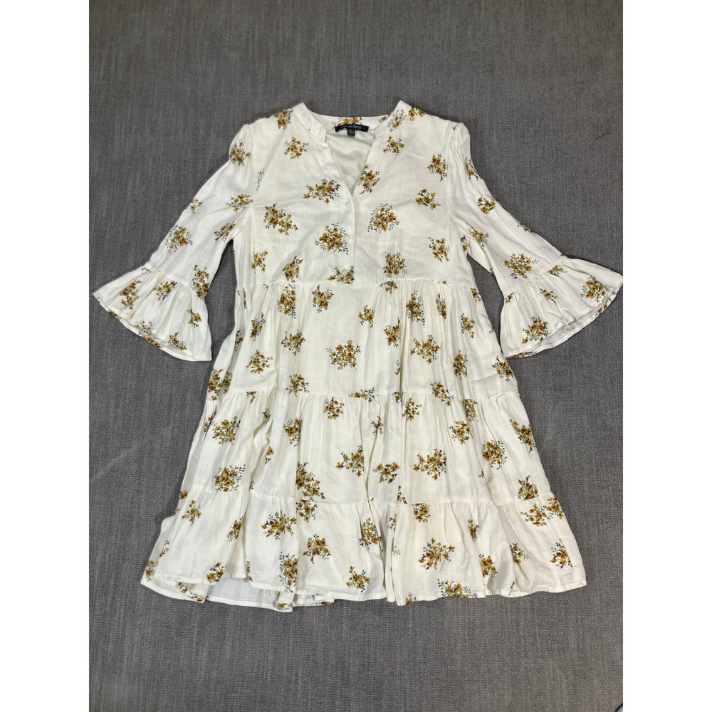 Laurel Grey Floral Tiered Babydoll Dress White Yellow Bell Sleeve Womens‎ Small